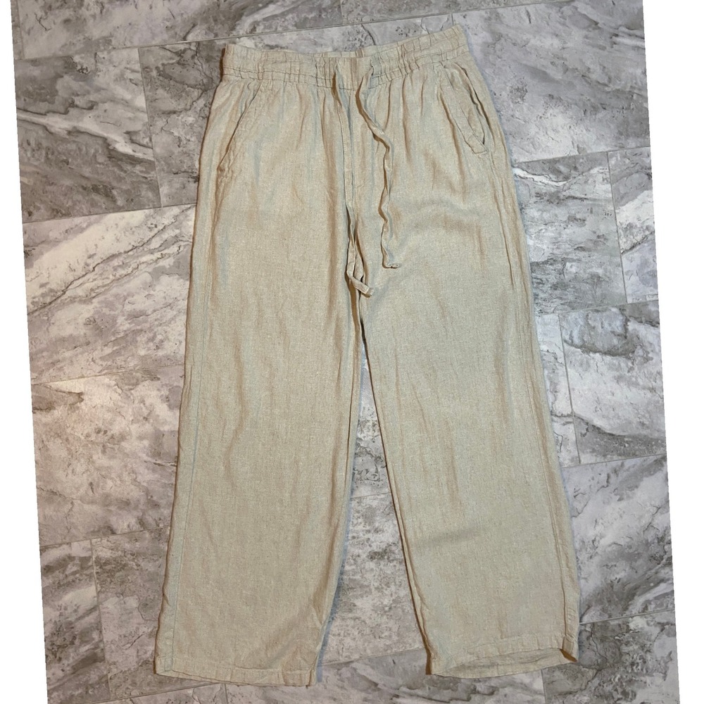 Old Navy Women's Wide Leg Pants Beige Linen Blend Drawstring Size M Relaxed Fit